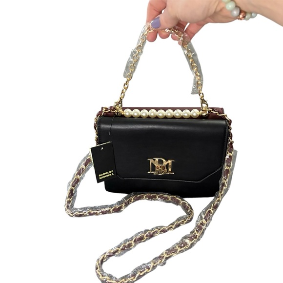 Badgley Mischka Black and Wine Double Crossbody Bag with Pearls - Picture 2 of 13